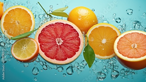  a group of grapefruits  oranges  and lemons with water droplets on a blue background.