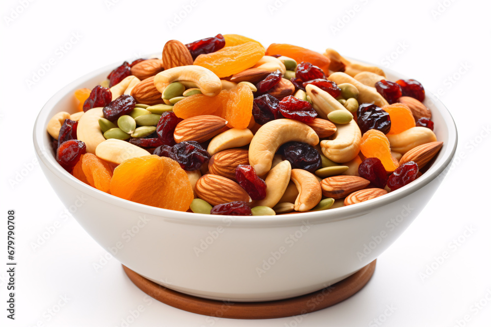 A delicious blend of homemade cereal, nuts, and pretzels is presented on a blank canvas. A delicious blend of homemade cereal, nuts, and pretzels is presented on a blank canvas.