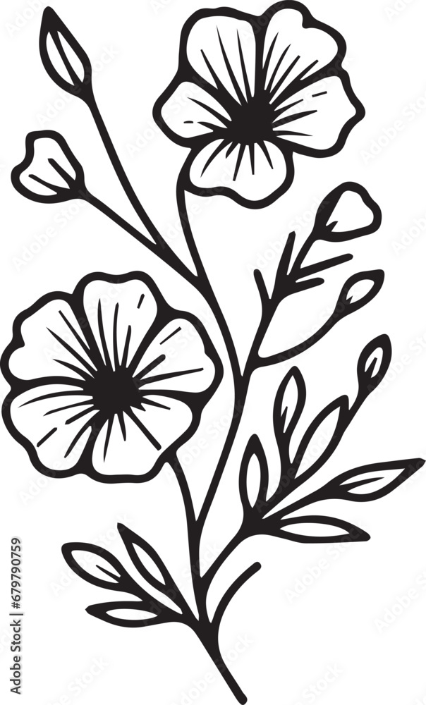 Silhouette of periwinkle flower coloring pages, peatal leaves of branch vector illustration, noyontara flower free printable silhouette design line art isolated on white backgrounds