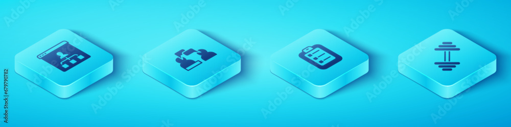 Set Isometric Online education, Two sitting men talking, Dumbbell and To do list or planning icon. Vector Set Isometric Online education, Two sitting men talking, Dumbbell and To do list or planning icon. Vector