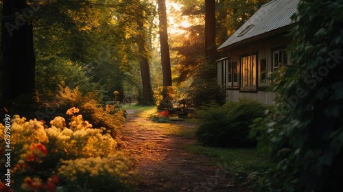  the sun shines through the trees onto a path in a forest with flowers and a house in the background. © Shanti