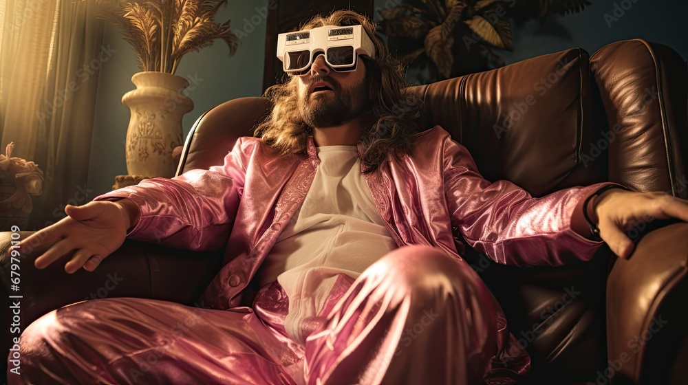 Jesus Christ is having a good time with the virtual reality glasses, comfortably sitting on a sofa in the paratment.