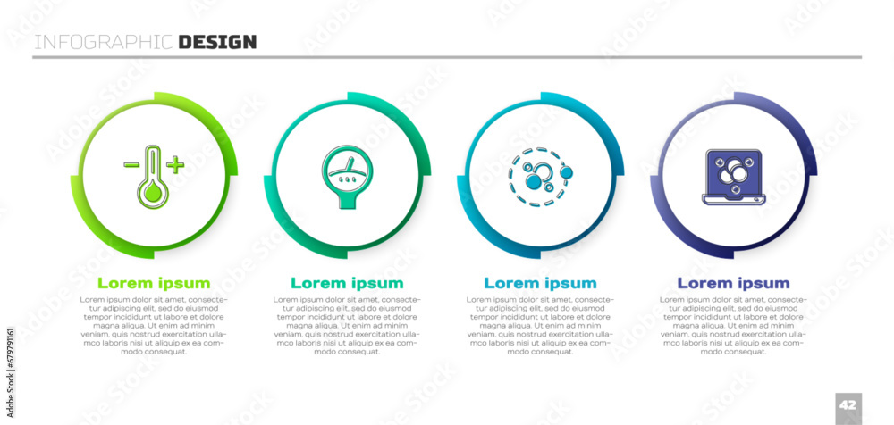Fototapeta premium Set Thermometer, Gauge scale, Atom and Chemical formula. Business infographic template. Vector