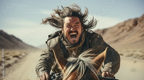 Young and strong Mongolian man riding a horse.