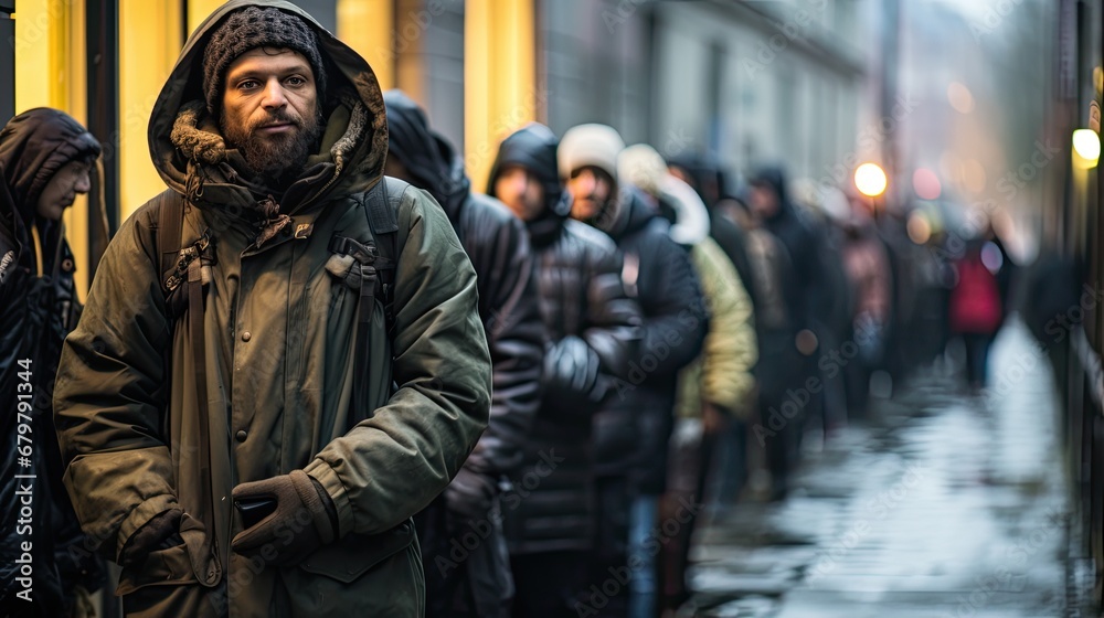 Unemployed people queue next to a building. Job search concept.