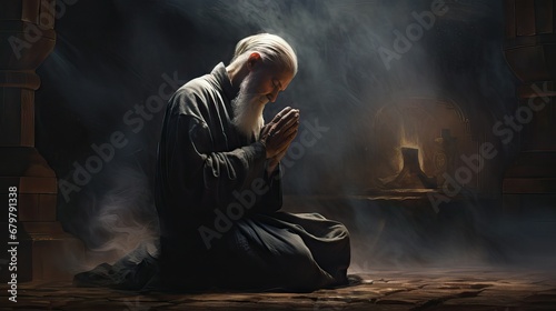 man with a beard, priest on knees praying
