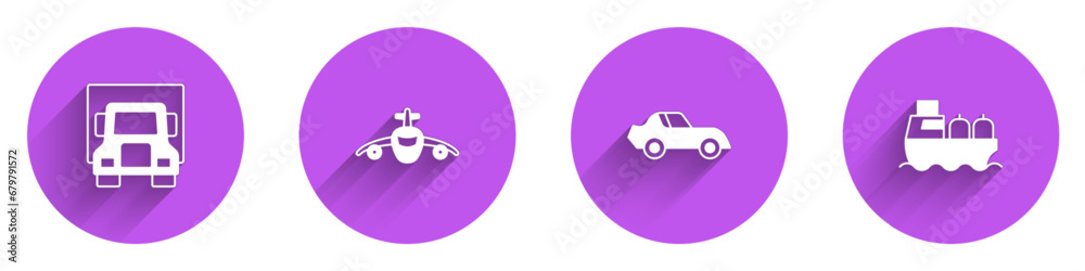 Set Delivery cargo truck, Plane, Car and Oil tanker ship icon with long shadow. Vector Set Delivery cargo truck, Plane, Car and Oil tanker ship icon with long shadow. Vector