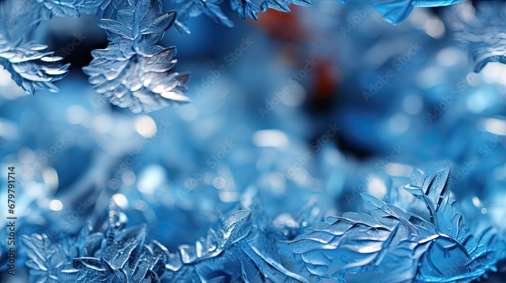  a close up of a bunch of blue snowflakes on a blue background with a blurry image of snow flakes in the foreground.
