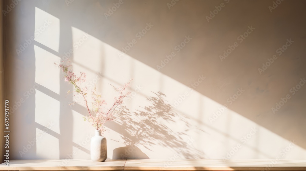  a vase with a plant in it sitting on a shelf with a shadow of a window on the wall behind it.