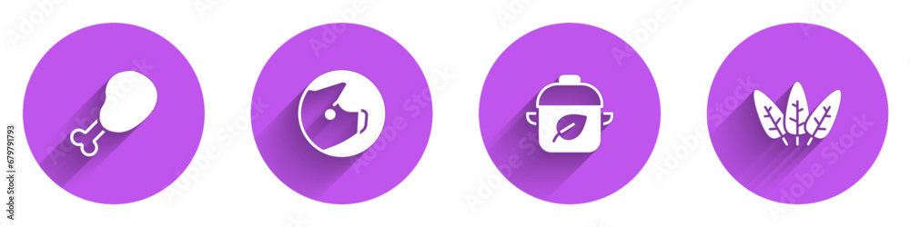 Set Chicken leg, Pig, Vegan food diet and Leaf icon with long shadow. Vector Set Chicken leg, Pig, Vegan food diet and Leaf icon with long shadow. Vector