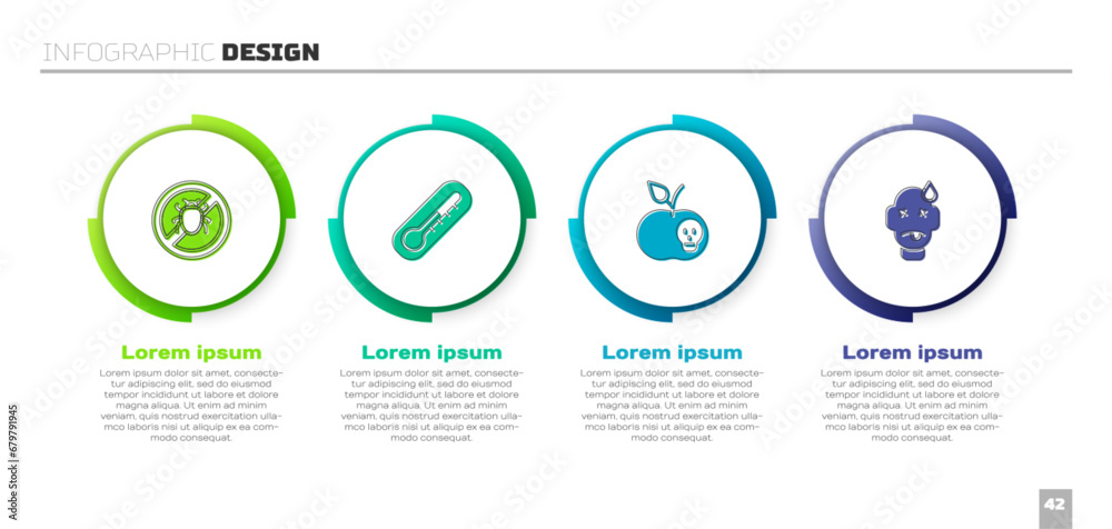 Set Stop colorado beetle, Thermometer, Poison apple and Man poisoning. Business infographic template. Vector - obrazy, fototapety, plakaty 