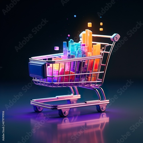 Online shopping concept with miniature shopping cart standing in front of laptop, Generative AI Illustration photo