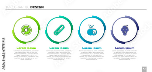 Set Stop colorado beetle, Thermometer, Poison apple and Man poisoning. Business infographic template. Vector photo