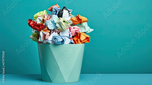 The iron trash can is filled to the top with colored crumpled used paper. The concept of searching for a new idea, business. Place for text