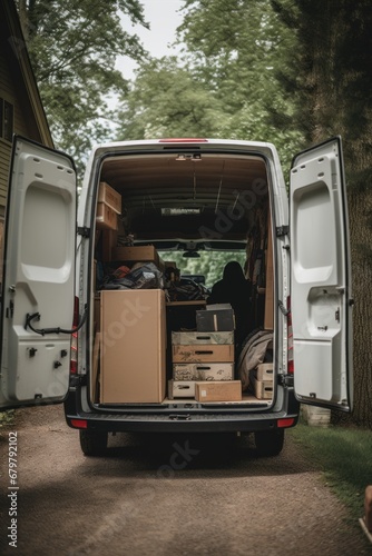 Van car full of boxes and furniture near a house outdoors. Concept of moving or relocation to a new home and delivery © Ilia
