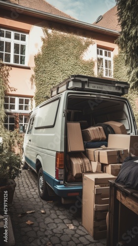 Van car full of boxes and furniture near a house outdoors. Concept of moving or relocation to a new home and delivery