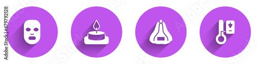 Set Facial cosmetic mask, Aroma candle, Sauna hat and thermometer icon with long shadow. Vector