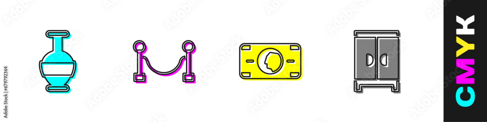 Set Ancient amphorae, Rope barrier, Stacks paper money cash and Wardrobe icon. Vector Set Ancient amphorae, Rope barrier, Stacks paper money cash and Wardrobe icon. Vector