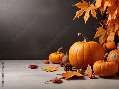 Fall background with orange pumpkins and fall leaves on a light surface.