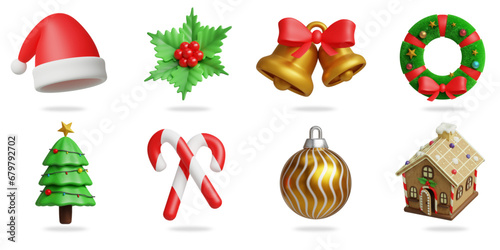 christmas 3D vector icon set.
christmas hat,berries and leaves christmas,golden bells and red ribbon,christmas wreath,christmas tree,candy,christmas ball,gingerbread house