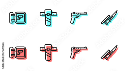 Set line Mauser gun, Hunting shop weapon, Knife holster and Bayonet rifle icon. Vector