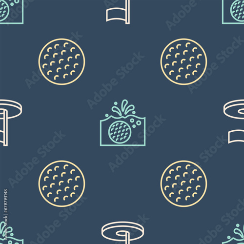 Set line Golf hole with flag, ball and in water on seamless pattern. Vector
