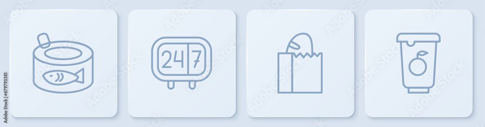 Set line Canned fish, Paper bag with bread loaf, Clock 24 hours and Yogurt container. White square button. Vector Set line Canned fish, Paper bag with bread loaf, Clock 24 hours and Yogurt container. White square button. Vector