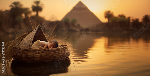 Baby Moses floating in a Basket - River Sunset - Pyramids of Egypt - Nurtured by the Nile: Serenity of Baby Moses in the Basket