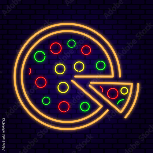 Pizza neon banner, bright signboard, light banner. Slice of pizza neon, emblem. Vector illustration