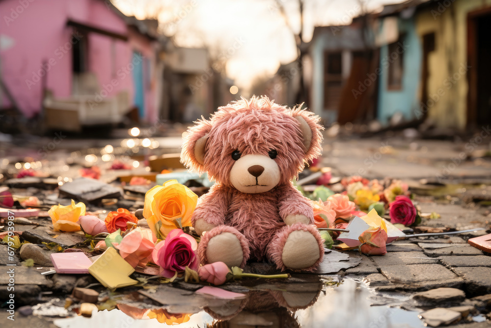 Φωτογραφία A pink teddy bear sits among roses on a desolate urban street, evoking feelings of nostalgia and lost childhood