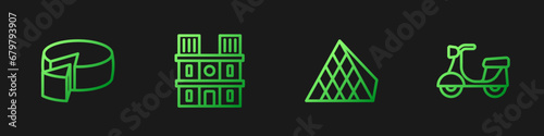 Set line Louvre glass pyramid, Cheese, Notre Dame de Paris and Scooter. Gradient color icons. Vector