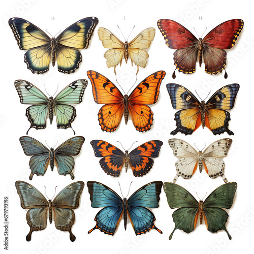 Sheets of realistic butterflies with Beautiful colors isolated on transparent background PNG.