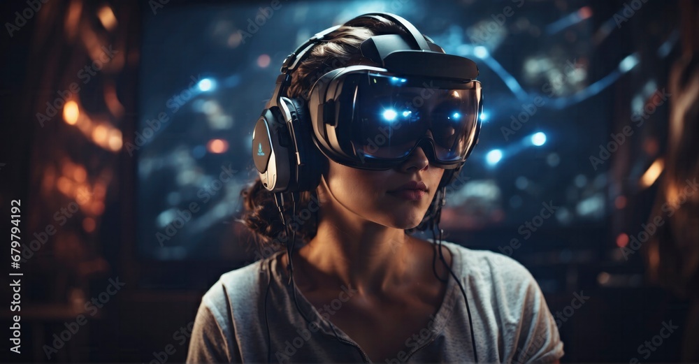 Image of a woman gamer immersed in virtual reality simulation, utilizing a device gadget for an immersive gaming experience.