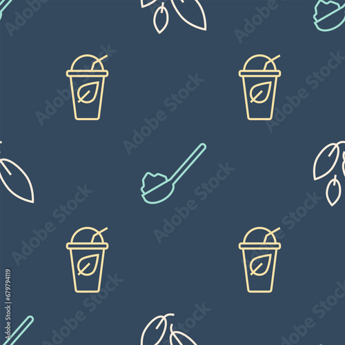 Set line Tea leaf, Cup of tea with and Spoon sugar on seamless pattern. Vector