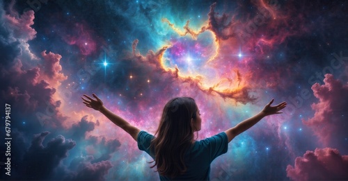 Captivating picture of a young woman in awe of the cosmic galaxy  hands delicately holding a vibrant nebula, evoking feelings of wonder and sparking curiosity. © Hashim