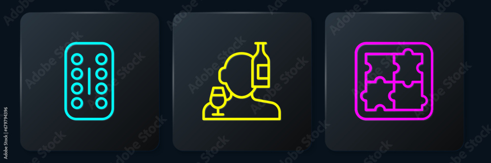 Set line Sedative pills, Solution problem in psychology and Alcoholism. Black square button. Vector Set line Sedative pills, Solution problem in psychology and Alcoholism. Black square button. Vector