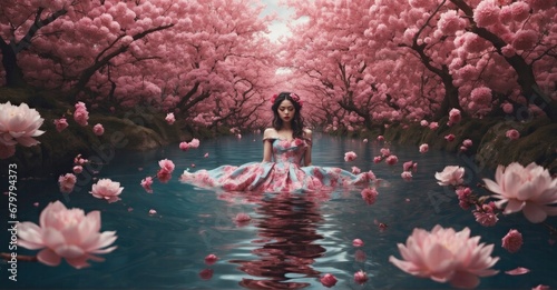 Photograph capturing the surreal concept of a girl submerged in water amidst cherry blossoms, symbolizing psychedelia and a sense of balance.