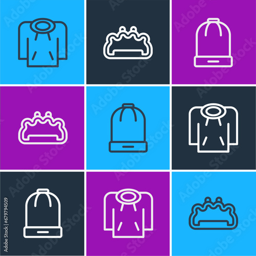Set line Hoodie, Winter hat and Brass knuckles icon. Vector
