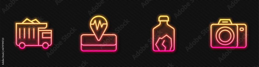 Set line Ore mining, Mining dump truck, Earthquake and Photo camera. Glowing neon icon. Vector Set line Ore mining, Mining dump truck, Earthquake and Photo camera. Glowing neon icon. Vector
