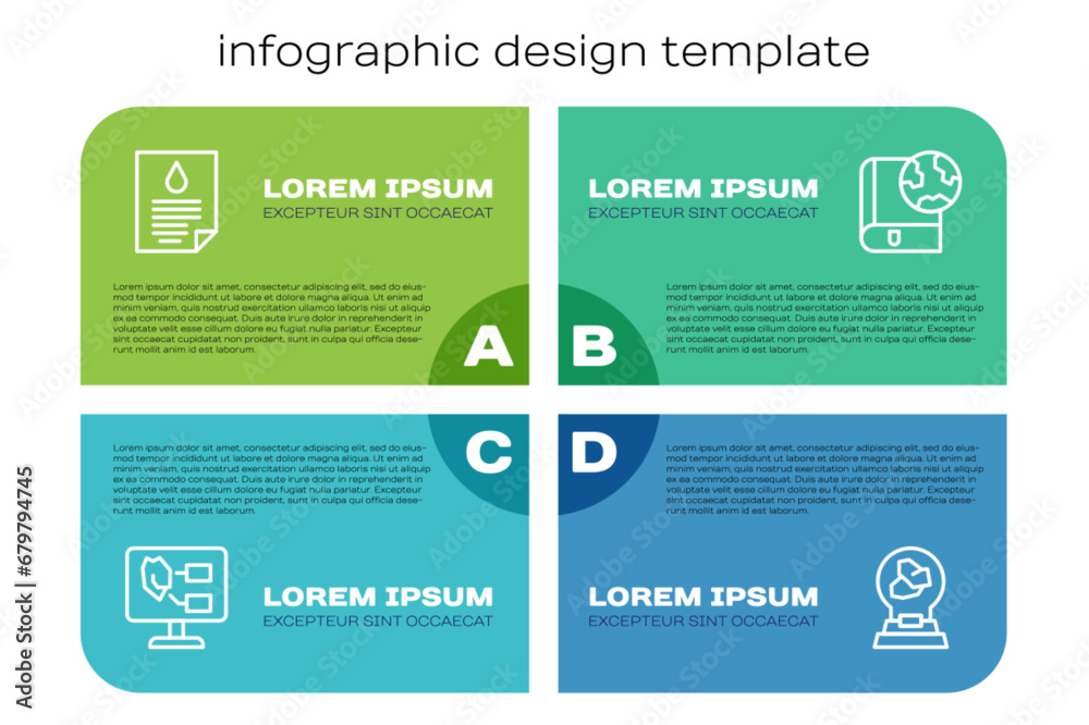 Fototapeta premium Set line Soil analysis, Oil drop document, Exhibition with minerals, rocks and Earth globe and book. Business infographic template. Vector