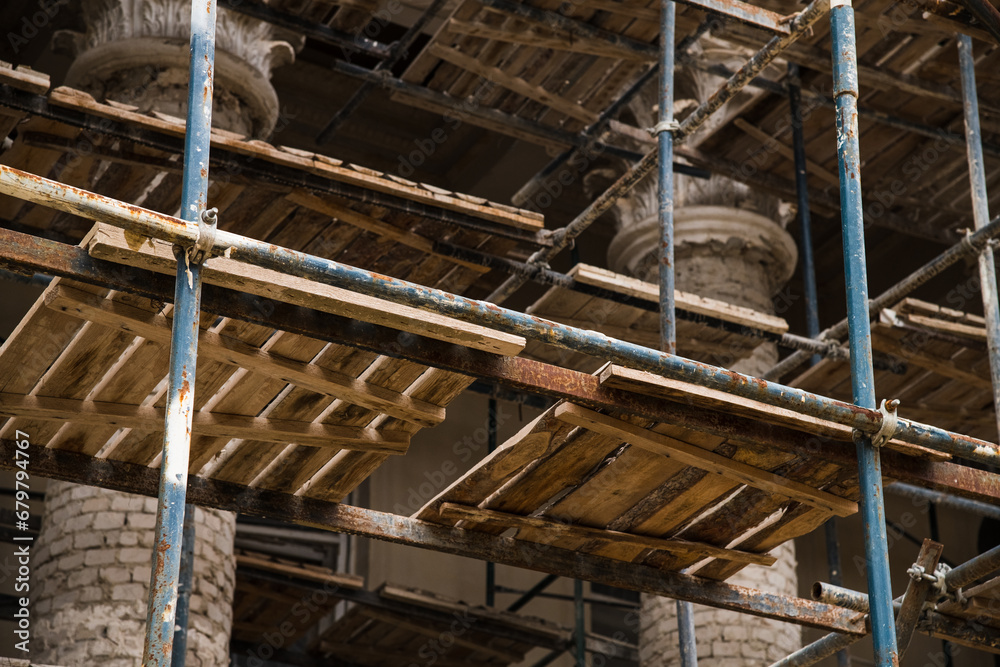 Building facade renovation, scaffolding