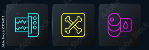Set line Seismograph, Barrel oil and Archeology. Black square button. Vector