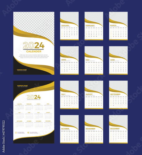 Editable vector New Year wall calendar design template for 2024, White background weekly, and a monthly annual calendar schedule for a company organization. 12-month big size new layout simple design