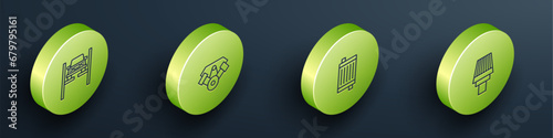 Set Isometric line Repair car on lift, Power engine, Car radiator cooling system and filter icon. Vector