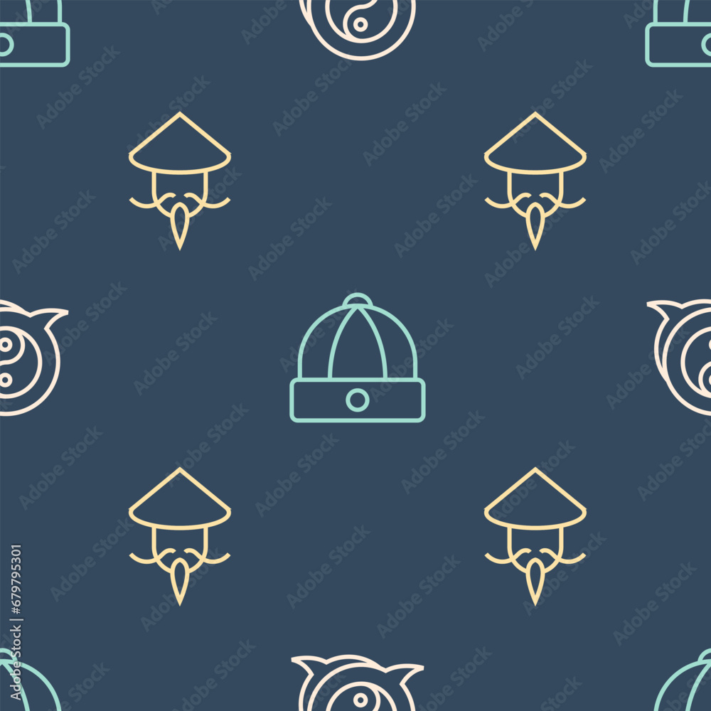 Set line Yin Yang symbol, Asian or Chinese conical straw hat and on seamless pattern. Vector
