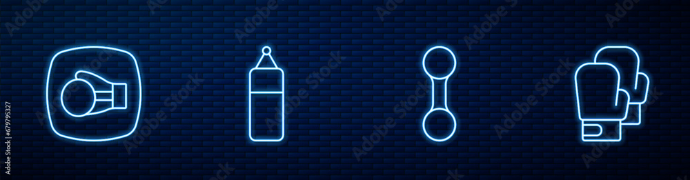 Set line Dumbbell, Boxing glove, Punching bag and . Glowing neon icon on brick wall. Vector Set line Dumbbell, Boxing glove, Punching bag and . Glowing neon icon on brick wall. Vector