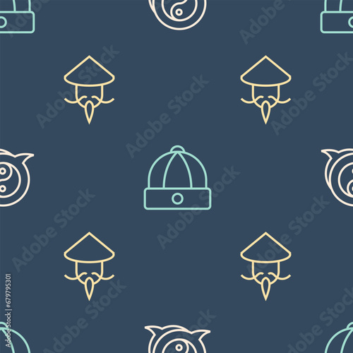 Set line Yin Yang symbol, Asian or Chinese conical straw hat and on seamless pattern. Vector