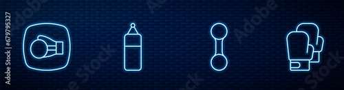Set line Dumbbell, Boxing glove, Punching bag and . Glowing neon icon on brick wall. Vector photo