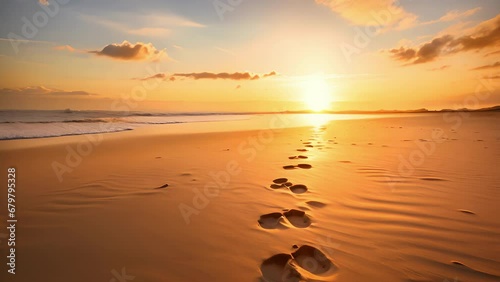 A striking image of a set of footprints leading towards a brilliant sunrise, symbolizing the idea of a new beginning and a fresh start with the guidance and support of a higher power. photo