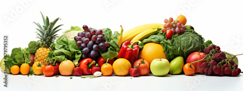 Fruits and vegetables on a white background. banner.Generative AI © Anna